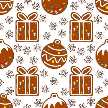 Noel oyuncak ve Hediyelik kutu beyaz zemin üzerine karikatür gingerbread şeker seamless modeli. Vektör çizim.
