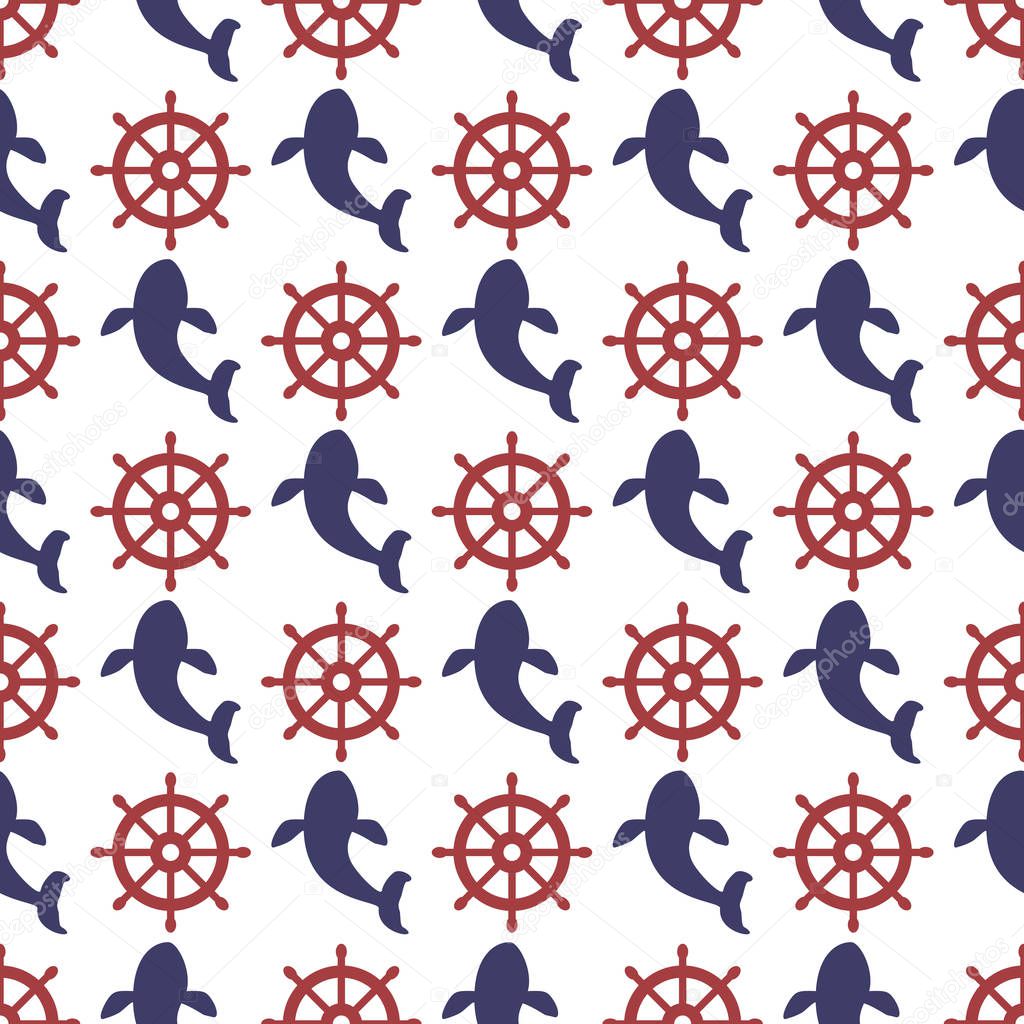 Nautical seamless pattern with wheel and whale.  Vector illustration