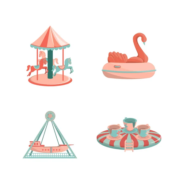 Set of cartoon amusement park rides icons — Stock Vector