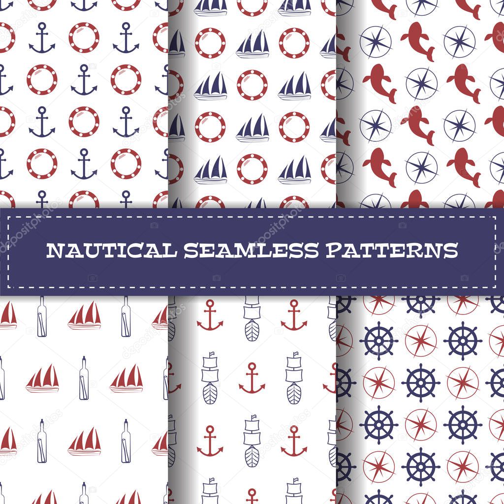 Set of vector line art nautical seamless patterns