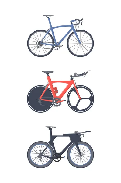 Road Bike set. Platta ikoner. Triatlon cyklar. — Stock vektor
