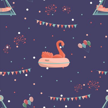 Şişme kuğu ve gemi yolculuğu ile eğlence parkı sorunsuz desen.