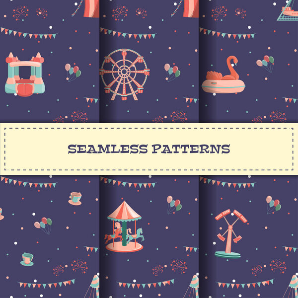 Set of amusement park seamless patterns with rides