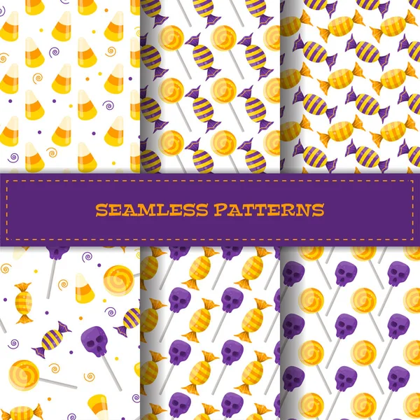 Set of seamless patterns with cartoon candies. — Stock Vector