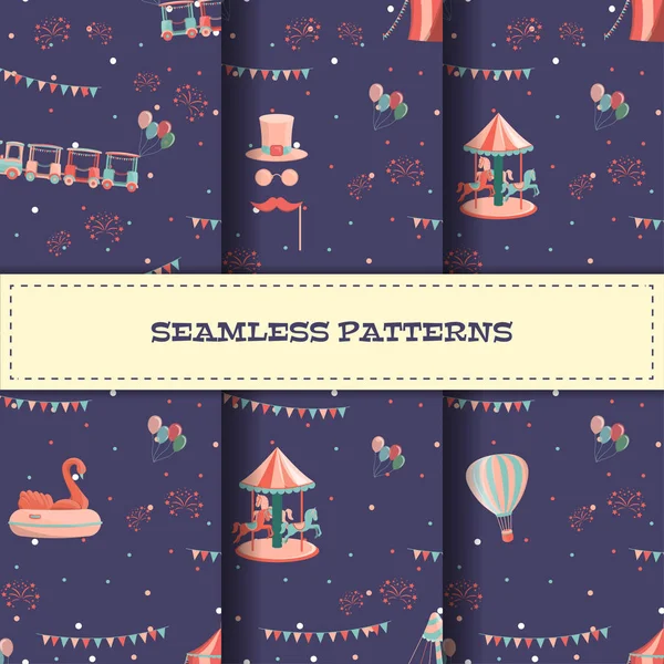 Set of cartoon amusement park seamless patterns — Stock Vector