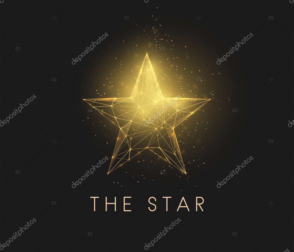 Abstract golden star. Low poly style design. Abstract geometric background. Wireframe light connection structure. Modern 3d graphic concept. Isolated vector illustration.