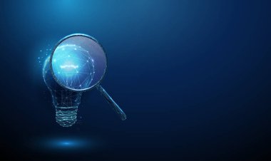 Büyüteçin altında mavi 3D ampul. Fikir analizi, yenilik, yaratıcılık, problem çözme, anlayış, çözüm geliştirme kavramı. Düşük polyester dijital fütüristik stil, kablo çerçevesi. Vektör.