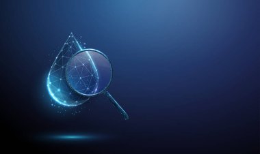 Büyüteç altında 3D mavi su damlası. Su analizi, arıtma, filtreleme, tedavi, kalite izleme, kirlilik tespit konsepti. Düşük polyester dijital fütüristik biçim, kablo vektörü.