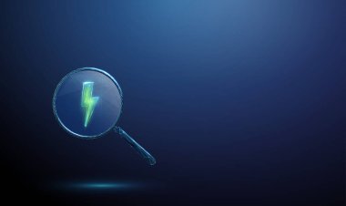 Büyütecin içinde yeşil şimşek çakıyor. Enerji, elektrik, güç, yenilenebilir enerji, sürdürülebilirlik, temiz enerji analizi kavramı. Düşük polyester dijital fütüristik stil, kablo çerçevesi. Vektör.