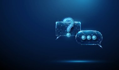 Soru işareti ve elipsli konuşma baloncukları. Konuşma, soruşturma, aydınlanma, problem çözme, sohbet robotu etkileşimi, teknik destek kavramı. Düşük polyester dijital fütüristik, kablo çerçeveli. Vektör.