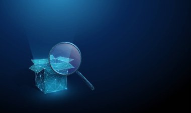 Büyüteç altında 3D açılır kutu. Doğrulama, kalite kontrol, fikir analizi, yenilik, güvenlik uyumu, lojistik yönetim kavramı. Düşük polyester dijital fütüristik kablo taşıyıcı.