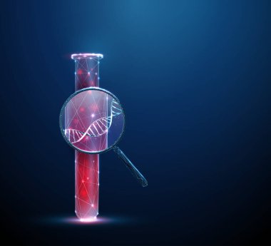 Genetik analiz, DNA dizilimi, moleküler biyoloji, klinik araştırma konsepti içeren büyüteç altında kan bulunan 3D test tüpü. Düşük polyester dijital fütüristik biçim, kablo vektörü.