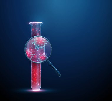 İçinde kırmızı virüsler olan bir büyüteçin altında kan bulunan 3D test tüpü. Viral tespit, laboratuvar araştırması, hastalık önleme konsepti. Düşük polyester dijital fütüristik stil, kablo çerçevesi. Vektör.