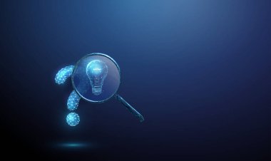 Büyütecin altında içinde ampul olan mavi 3D soru işareti. Soruşturma, problem çözme, fikir üretimi, merak, anlayış konsepti. Düşük polyester dijital fütüristik stil, kablo çerçevesi. Vektör.