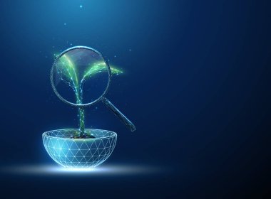 Büyüteç altında mavi bir tencerede yetişen yeşil bitki. Bitki gelişimi, tohum gelişimi, tarım, sürdürülebilir tarım kavramı. Düşük polyester dijital fütüristik stil, kablo çerçevesi. Vektör.