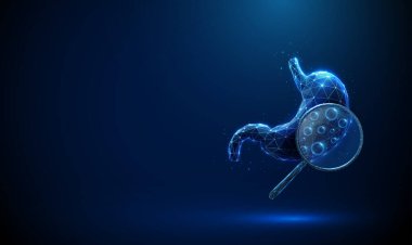 İçinde büyüteç ve gaz kabarcıkları olan 3D mavi insan midesi. Mide şişmesi, fermantasyon analizi sindirim sağlığı teşhisi konsepti. Düşük polyester dijital fütüristik stil, kablo çerçevesi. Vektör