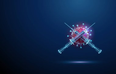 Virüs aşılama, aşılama, tıbbi koruma, antiviral tedavi, sağlık sigortası, salgın önleme konsepti önünde iki çapraz şırınga. Düşük polyester dijital fütüristik biçim, kablo vektörü.