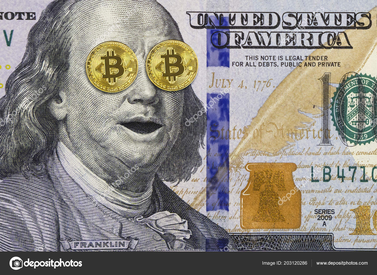 Sorprendido Franklin Billete Cien Dólares Con Bitcoin Oro Como Ojos — Foto  editorial de stock #203120286 ©FedBul