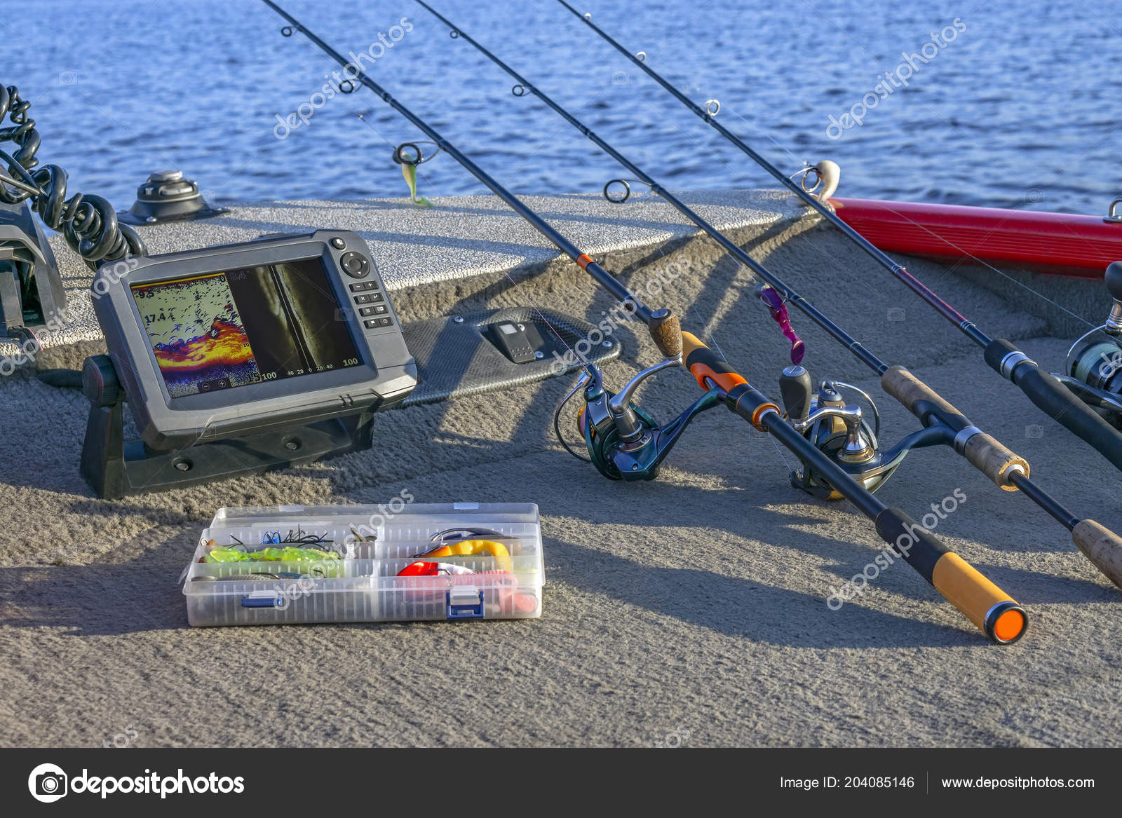 Fishing Tackle Set Fishfinder Echolot Sonar Boat Spinning Rods Reels Stock  Photo by ©FedBul 204085146