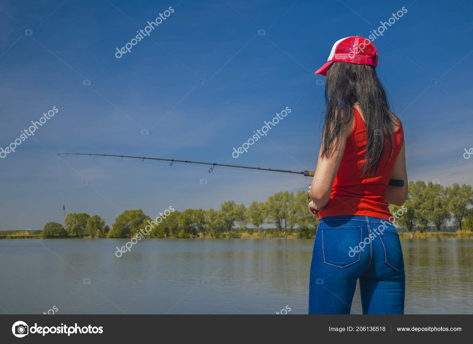 Sexy Woman Fishing Lake Back View — Stock Photo © FedBul #206136518