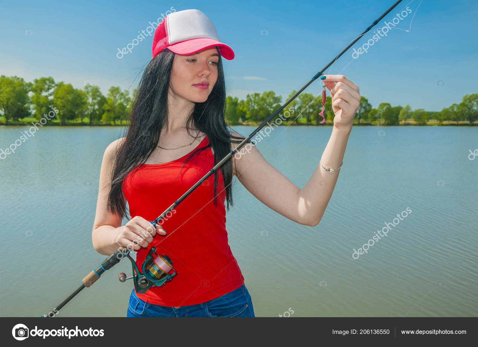 Young Fisherwoman Preparing Fishing Girl Fishing Rod Looks Lure