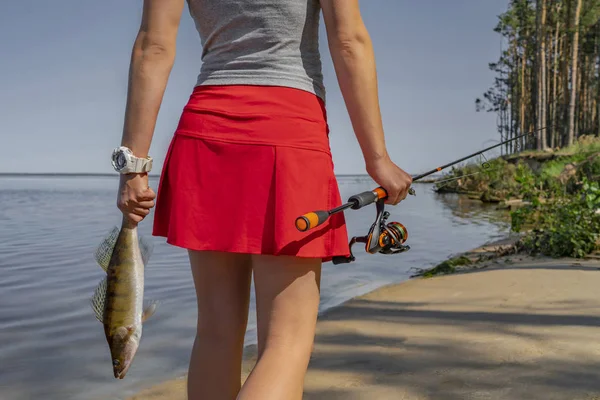 Halászat Hát Nézd Szexi Lány Süllő Süllő Hal Kupa Partján — Stock Fotó
