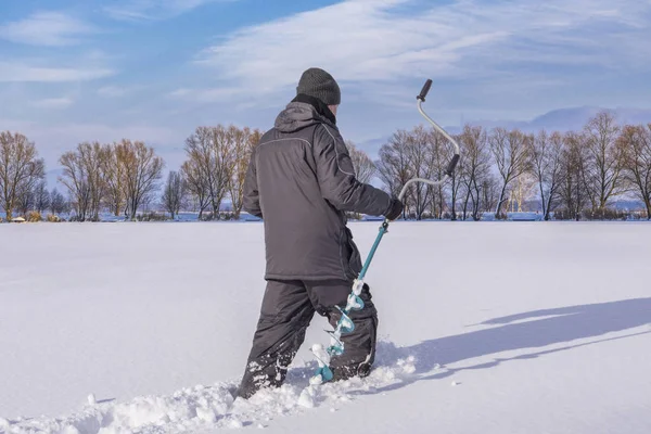 Winter Fishing Concept Fisherman Action Going Snowy Ice Lake Ice — Stock Photo, Image