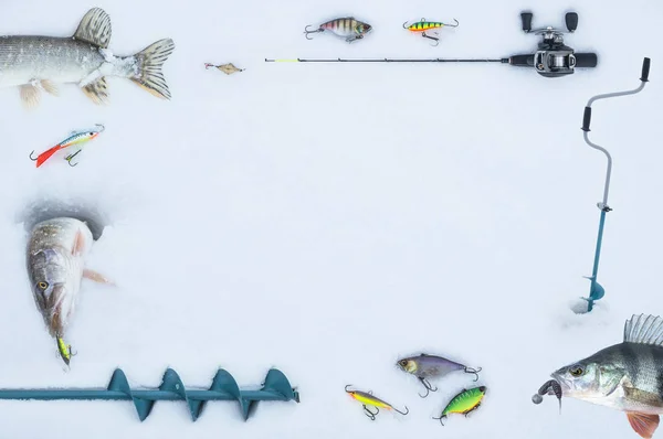 Eisfischen Hintergrund Rahmenschablone Mit Fischen Und Tackles Auf Schnee — Stockfoto