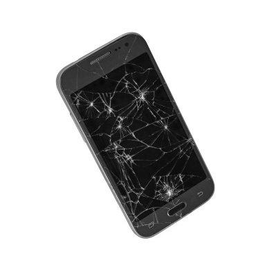 Beyaz arka plan üzerinde izole kırık ekran ekranlı cep telefonu