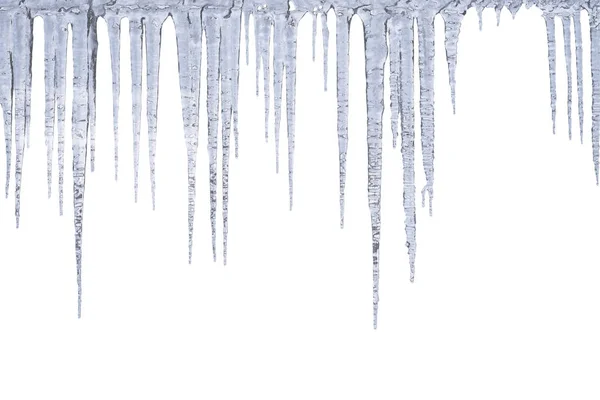 Inverno Icicles Pendurar Partir Cima Isolado Fundo Branco — Fotografia de Stock