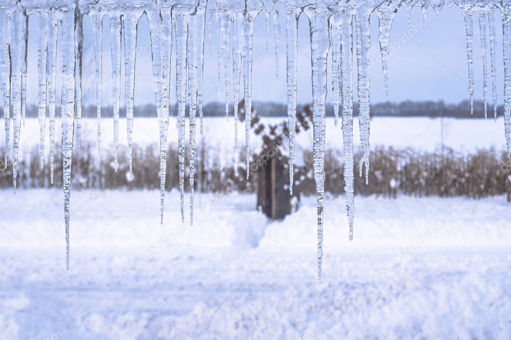 Winter icicles hang from top on snowy nature background