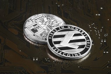 Litecoin bilgisayar elektronik devre kartı ekran kartı üzerinde. Cryptocurrency arka plan