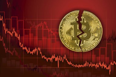 Kırık bitcoin. Exchange düşer ve değeri cryptocurrency azaltmak. Düşen düşüş trendi fiyat grafik arka planı.