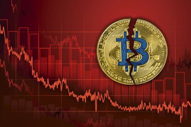 Kırık bitcoin. Exchange düşer ve değeri cryptocurrency azaltmak. Düşen düşüş trendi fiyat grafik arka planı.