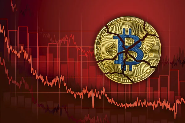 Kırık bitcoin. Exchange düşer ve değeri cryptocurrency azaltmak. Düşen düşüş trendi fiyat grafik arka planı.