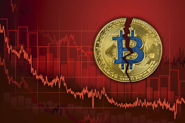 Kırık bitcoin. Exchange düşer ve değeri cryptocurrency azaltmak. Düşen düşüş trendi fiyat grafik arka planı.
