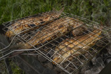 Taze balık ızgara kavrulmuş. Barbekü üzerinde pişmiş sazan