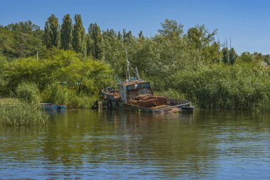Terk edilmiş eski paslı balıkçı teknesi kıyısında