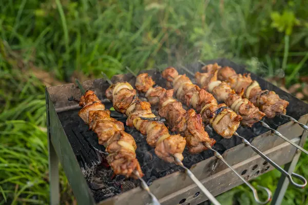 Do grillowania mięsa na szpikulec gotowane na grill Grill. piknik z kuchnię na świeżym powietrzu. — Zdjęcie stockowe