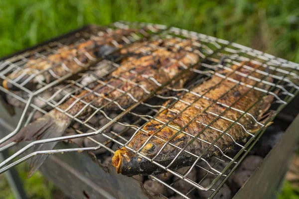 Palone na grilla świeżych ryb. Karp pieczony na Bbq — Zdjęcie stockowe