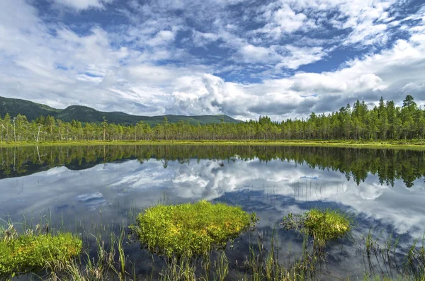 Norveç'te dağlarda Orman Gölü. Yürüyüş arka planı.
