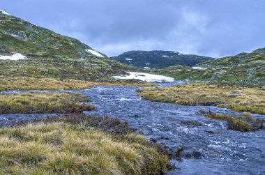 Norveç'te dağlarda nehir. Yürüyüş arka planı.