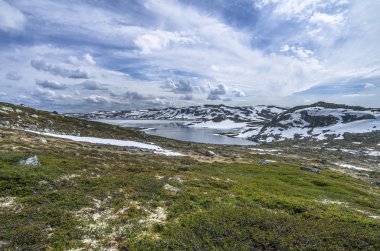 Norveç'te dağlarda nehir. Yürüyüş arka planı.