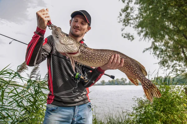 Fiskare med stor gädd fisk Trophy i handen på sjön bakgrund — Stockfoto