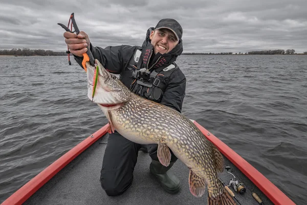 Pike balıkçılığı. Mücadeleleri ile teknede büyük balık kupa ile Mutlu balıkçı — Stok fotoğraf