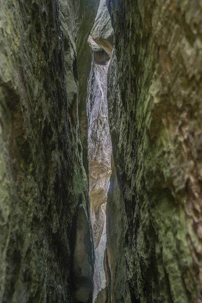 Riss Spaltung des Steinfelsens. ternoshorska lada. Taubenbusch. Karpaten, Kosiv raion, Gebiet Iwano-Frankiwsk, Ukraine — Stockfoto