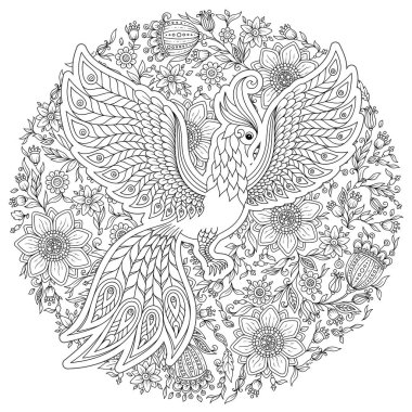 Fantezi çiçek bahçesi şirin kuş. Hayvanlar. Elle çizilmiş doodle. Etnik desenli illüstrasyon. Afrika, Hint, totem dövme tasarım. Avatar, dövme, poster, yazdırma için kroki veya t-shirt.