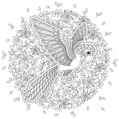 Egzotik kuş, harika çiçekler, dalları, yaprakları. Kontur ince çizgi çizme. Vektör fantezi stilize Kakadu orman papağan siluet. T-shirt baskı. Yetişkinler ve çocuklar için boyama kitabı sayfası. Siyah beyaz