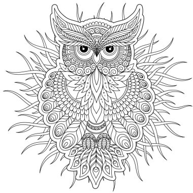 Dekoratif çizgi film baykuş zentangle tarzı. Yetişkin renklendirme kitap sayfası. Elle çizilmiş vektör çizim üzerinde beyaz izole.