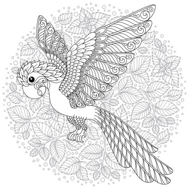 Zentangle stilize çizgi film papağan. El çizilmiş kroki yetişkin antistress boyama sayfası, T-shirt amblem, logo veya çiçek tasarım öğeleri ile dövme için.